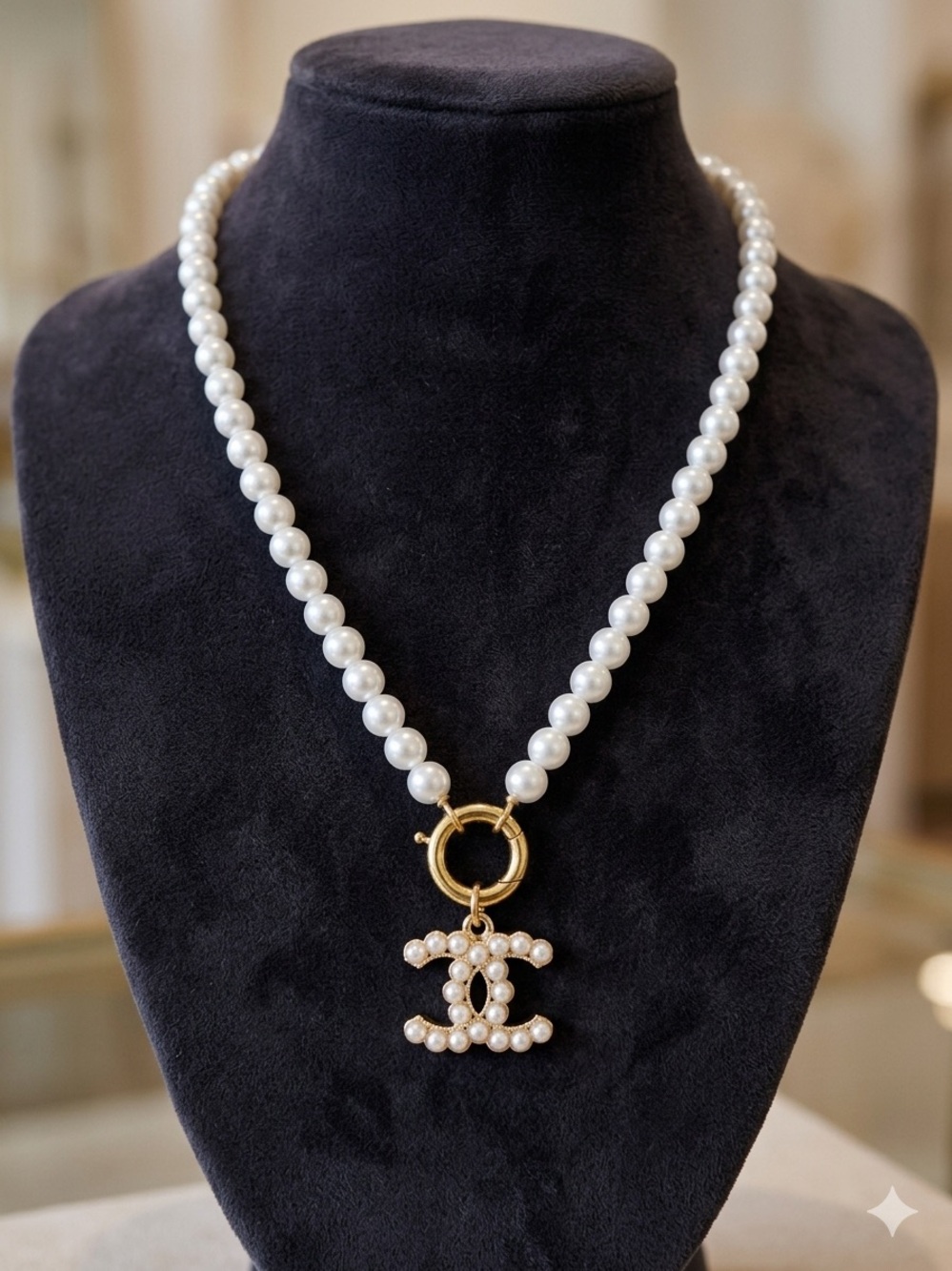 White Pearl Necklace with Gold Pearl Logo Pendant